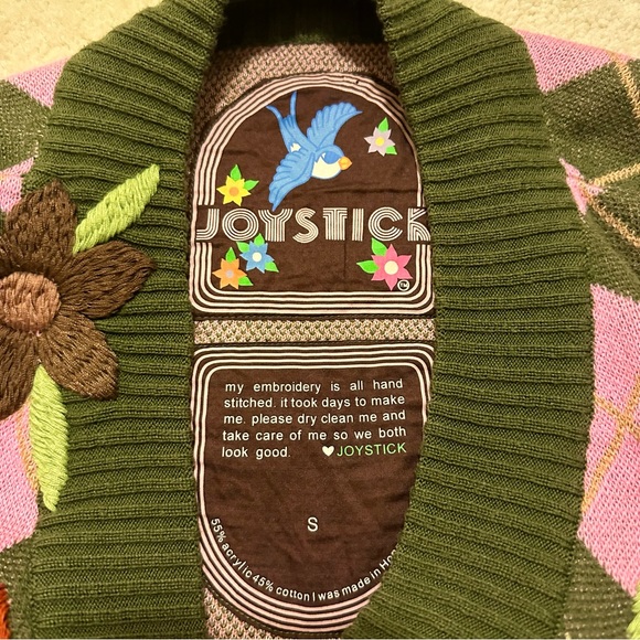 Joystick Vintage Pink & Green Argyle Sweater with Embroidered Flowers - Picture 6 of 6